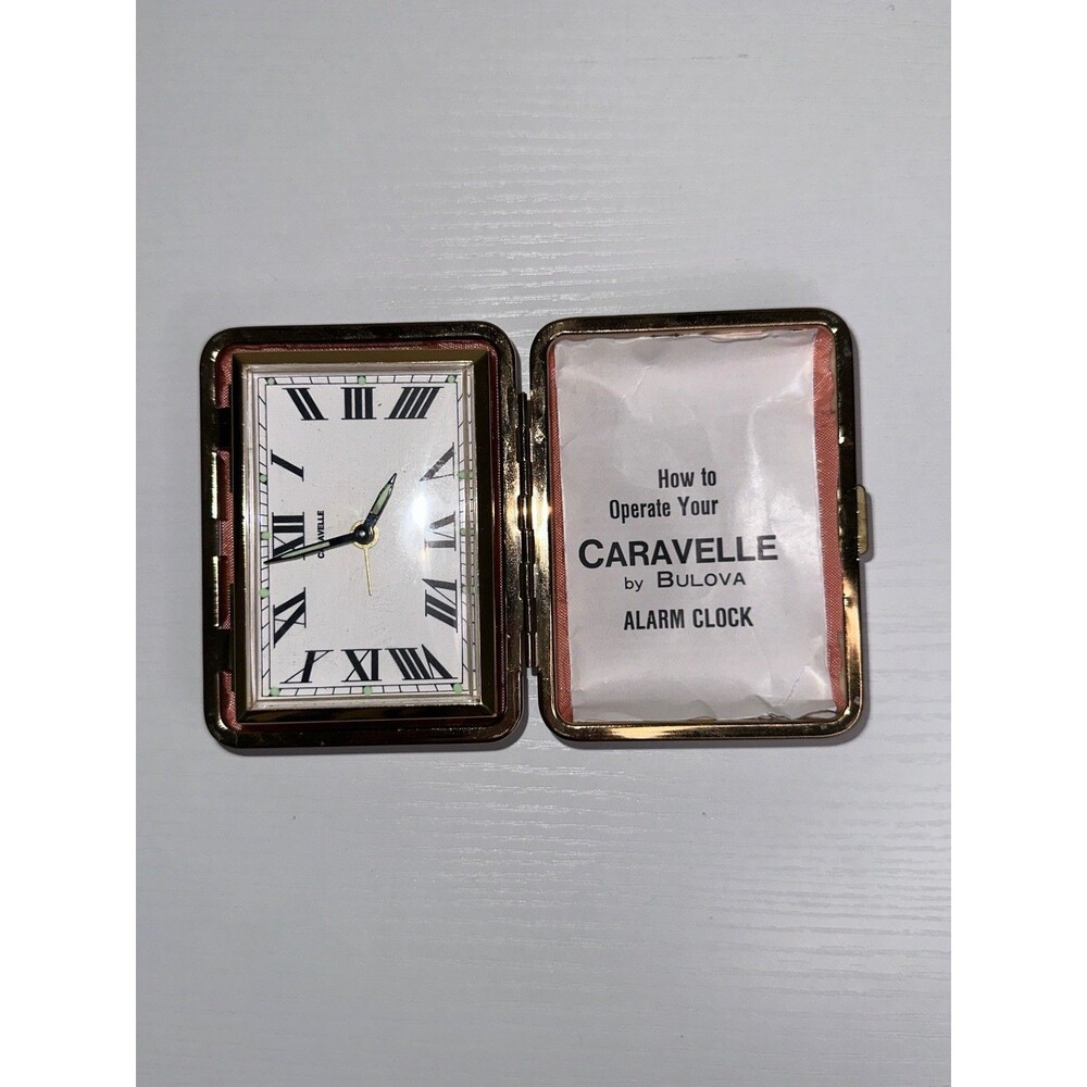 Vintage 1950s Caravelle Wind-Up Travel Alarm Clock In Ivory Leather Case WORKS